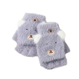 Kids Fuzzy Bear Flip-Top Half-Finger Gloves Cute Warm Winter Children Mittens