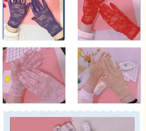 Detailed view of summer thin lace gloves, elastic mesh fabric, breathable sun protection.