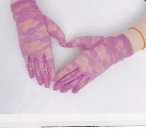 Close-up view of purple lace gloves with elastic mesh design, perfect for sun protection.