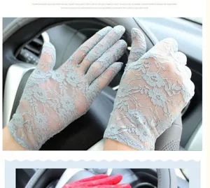 Detail shot of summer thin lace gloves, breathable mesh sun protection driving gloves.