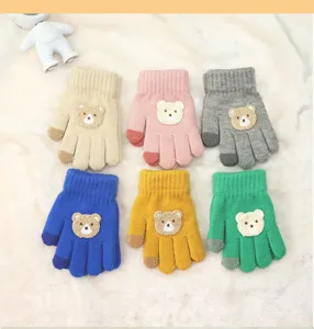 Children's cute bear knit gloves winter warm touch screen five finger mittens for kids