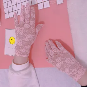 Summer thin pink lace gloves elegant retro sun protection UV breathable mesh driving gloves