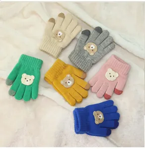 Children winter knit touchscreen gloves with cute bear patches in various bright colors.