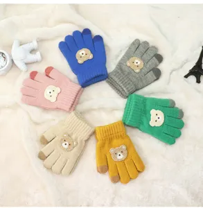 Children winter warm knit gloves with cute bear patch, multi-color soft full-finger design.