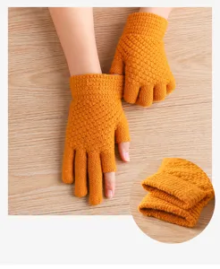 Detailed view of winter warm knit half-finger gloves for typing and phone use, comfortable.