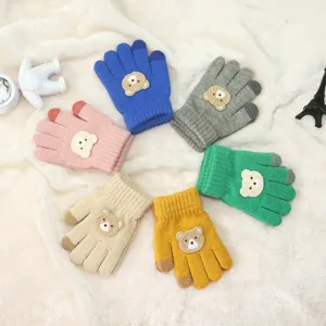 Kids Winter Warm Knitted Gloves Cute Bear Applique Five Finger Full Finger Cold Proof Gloves For Toddler Kids