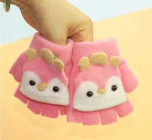 Cute kids half finger flip knit gloves winter warm cartoon pink winter mittens