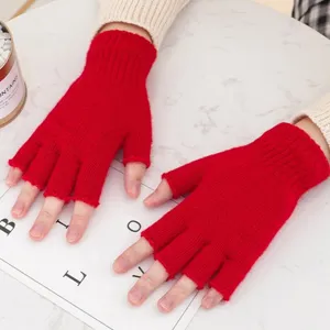 Guanti senza dita in maglia rossa invernali caldi guanti a metà dito per studenti.