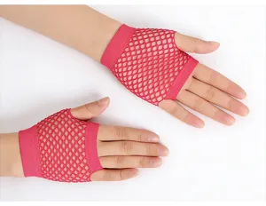 Close-up detail of pink fishnet fingerless gloves, showing mesh texture and design clearly for dance.