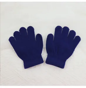 Children's dark blue knit gloves detail view, soft winter warm five-finger gloves display.