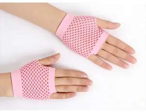 Pink short fishnet fingerless gloves detail, perfect for parties and sexy dance show.