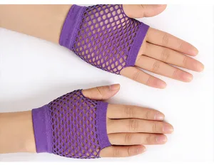 Short fishnet fingerless gloves detail view, purple mesh party dance performance accessory.
