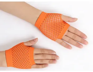 Orange short fishnet fingerless gloves, mesh party dance performance hand accessories.
