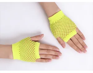 Neon yellow fishnet fingerless gloves, perfect for party, dance, club, and fashion styling.