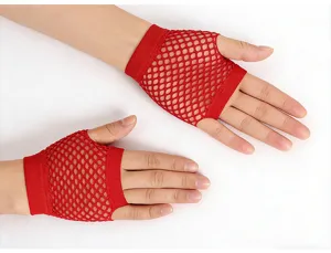 Red fishnet fingerless gloves, stylish mesh design for party, club, and dance performances.