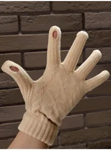Winter adult warm knit gloves detail shot showing two finger touch screen design features.