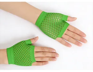 Short neon green fishnet fingerless gloves detail view, perfect for parties and dance outfits.