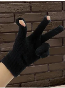 Close-up detail of winter warm knitted touchscreen gloves with exposed fingers for outdoor use.