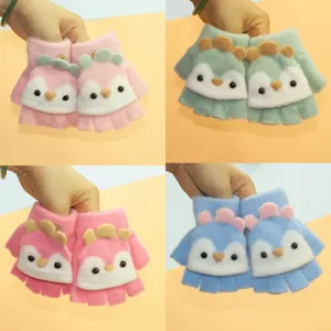 Children's Knit Half-Finger Flip Cover Gloves Winter Warm Cute Cartoon Animal Kids Writing Gloves