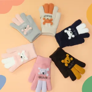 Kids Winter Knitted Gloves Cute Cartoon Bear Plush Warm Five Finger Gloves Boys And Girls Cold Weather Gear