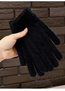 Winter thermal knit gloves for adults solid black cold-proof outdoor fleece lined warm gloves