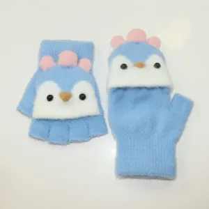 Cute kids winter warm half finger flip convertible knit gloves cartoon design blue color