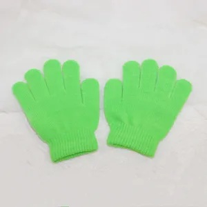 Bright green children knit five-finger gloves for dance performance and daily winter warmth.