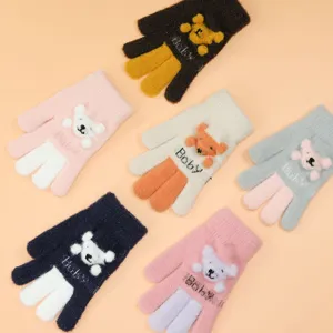 Cute kids winter warm gloves, cartoon plush knitted five-finger gloves for boys and girls.