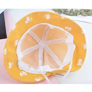Cute yellow heart print baby bucket hat with breathable mesh lining for spring autumn.