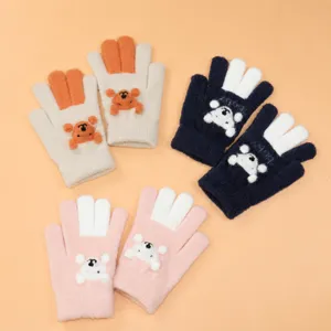 Kids winter warm knit five-finger gloves cute cartoon bear plush gloves for children new.