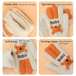 Kids winter plush warm gloves cute cartoon knitted five-finger gloves for boys and girls