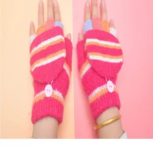 Close-up detail of winter children's warm knit convertible flip-top half-finger gloves with stripes.