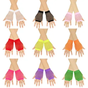 Short fishnet fingerless gloves, mesh neon rave party performance dance sexy gloves.