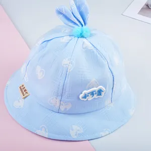 Cute baby bucket hat light blue infant cap with bunny ears and lovely patch spring