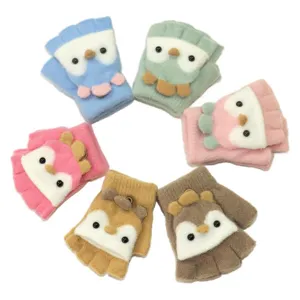 Kids half finger convertible winter gloves cute cartoon warm knit gloves for school kids