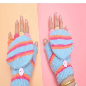 Kids winter warm knit convertible fingerless gloves striped mitten design cute soft wear