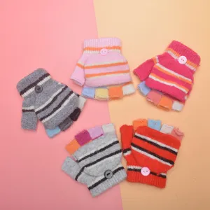 Kids Winter Warm Knitted Gloves Cute Cartoon Striped Half Finger Flip Cover Gloves Toddler Daily Wear Gloves