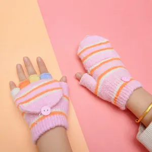 Children winter warm knit convertible fingerless gloves with cute stripe design for kids writing