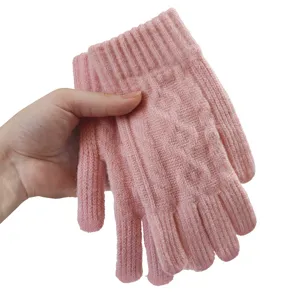 Pink winter knit gloves for women, warm touch screen wool gloves, solid color outdoor cold weather.