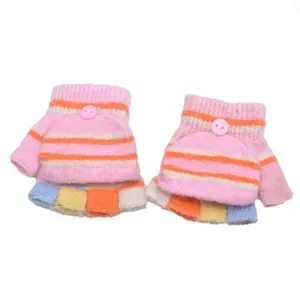 Kids winter warm convertible fingerless gloves cute pink striped knit mittens for toddlers