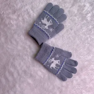 Children winter warm knitted gloves with cute reindeer and snowflake pattern grey thick cozy