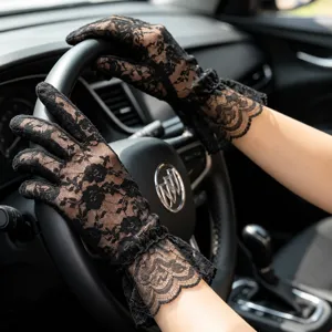 Black lace driving gloves for women, summer UV protection mesh bridal evening gloves.
