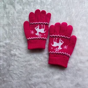 Kids warm knitted gloves with cute cartoon reindeer pattern, fleece-lined winter cold gloves.