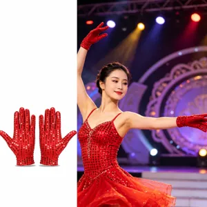 Adult Red Sequin Dance Gloves Sparkly Performance Gloves Stage Costume Accessories