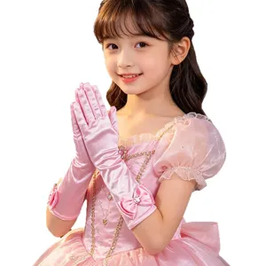 Gants de satin rose élégants pour enfants princesse fête spectacle et séance photo habillée.