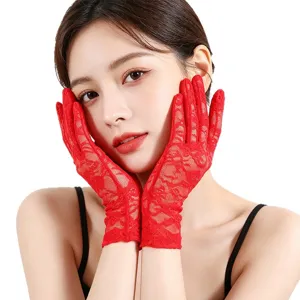 Elegant red lace gloves for women, sheer mesh sun protection gloves for tea party wedding