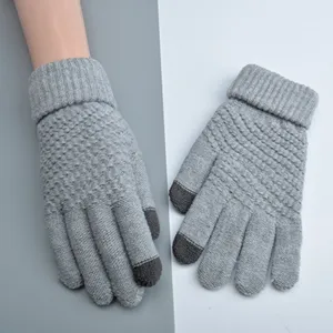 Grey knitted touchscreen winter gloves for women and men, warm thick fleece thermal mittens.