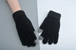 Winter warm knit gloves for women men, touch screen fleece lined black thermal gloves daily use.