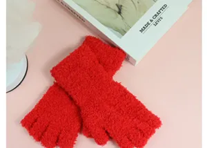 Red fuzzy fingerless gloves for women, cozy winter knit warm plush half finger gloves detail.