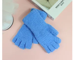 Women winter warm knit half finger gloves plush fuzzy fleece fingerless mittens.